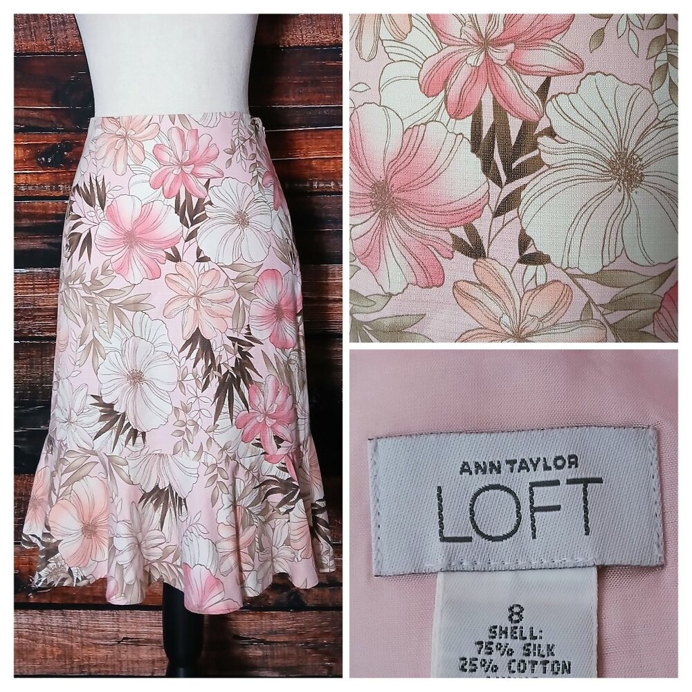 Ann Taylor LOFT Skirt Size 8 Silk Blend Pink Floral Side Zip Lined Flared